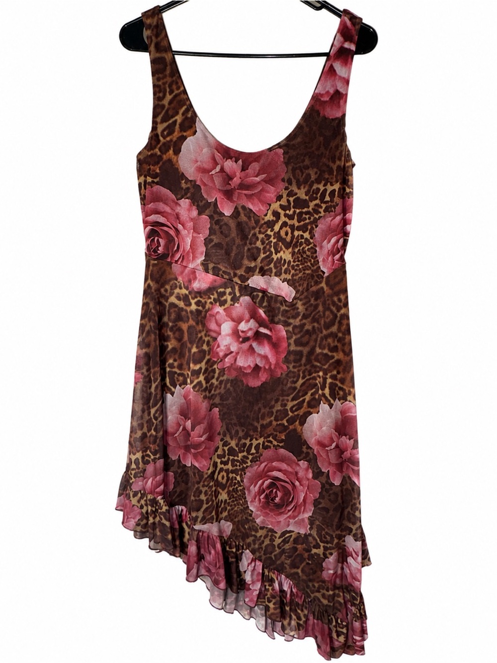 Madden Girl Leopard Rose Floral Mesh Asymmetrical Ruffle Midi Dress Size L